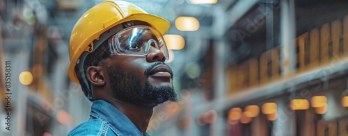 Thoughtful African American worker with protective equipment in warehouse portrait. Black guy new life in immigration to foreign country.