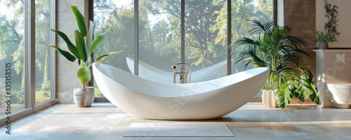 Modern bathroom with white freestanding bathtub and large windows overlooking garden. Lush green plants enhance serene and luxurious atmosphere