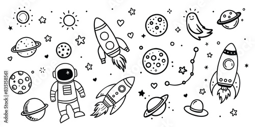 Hand drawn space. Doodle space planets, astrology cosmic doodles. Cosmos hand-drawn doodle set. Vector illustration