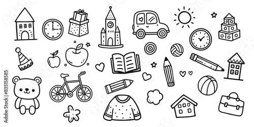 Vector illustration of Doodle cute for kid  Hand drawn set of cute doodles for decoration Funny Doodle Hand Drawn  Summer  Doodle set of objects from a child s life