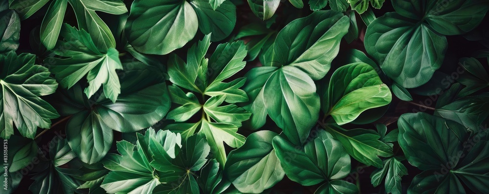 Lush green tropical leaves create an exotic and refreshing natural background, perfect for nature-themed designs and projects.