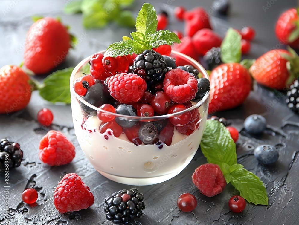 Fresh berries and yogurt in a glass bowl, healthy breakfast. Fresh berries and yogurt in a glass bowl, healthy breakfast.