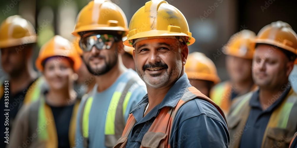 Diverse group of workers in work clothes and helmets smiling together. Concept Teamwork, Diversity, Professionalism, Smiles, Unity Diverse group of workers in work clothes and helmets smiling together. Concept Teamwork, Diversity, Professionalism, Smiles, Unity