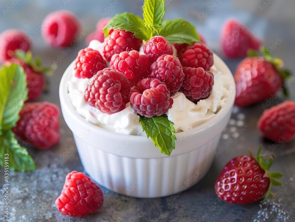 Bowl of whipped cream topped with fresh raspberries and mint. Bowl of whipped cream topped with fresh raspberries and mint.