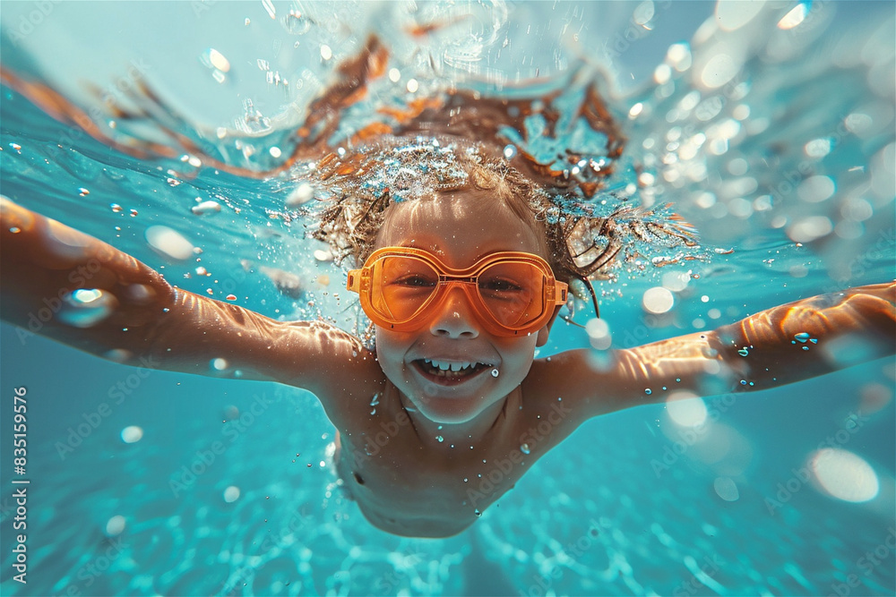 Naklejka premium Happy little boy dives in swimming pool wearing goggles, hot summer day, view from below from under the water, splashes and air bubbles around. summer children's holiday, vacation, childhood in summer