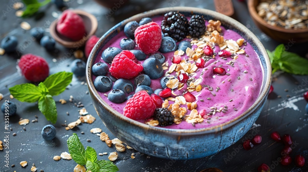 Delicious and healthy smoothie bowl topped with fresh berries, granola, and nuts. Delicious and healthy smoothie bowl topped with fresh berries, granola, and nuts.