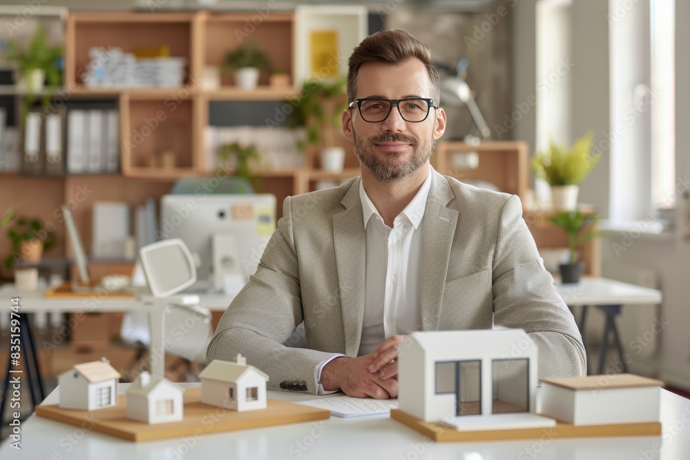 Professional agent in office presenting house model, property and investment focus Professional agent in office presenting house model, property and investment focus