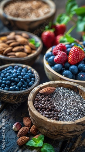 Assortment of fresh berries, almonds, chia seeds, and walnuts on a wooden table. © LittleDreamStocks