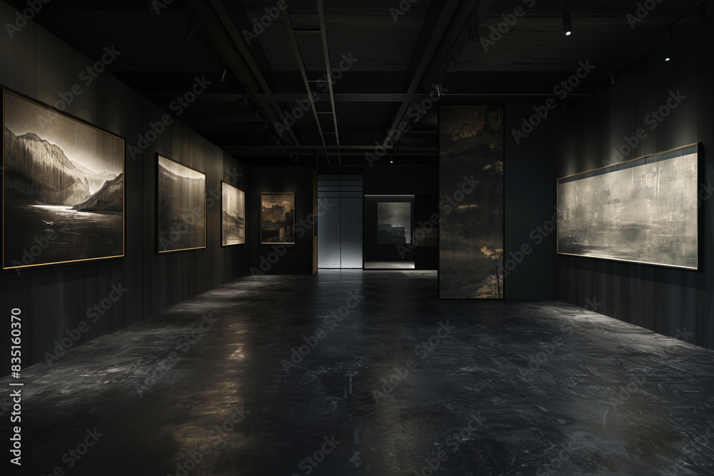 Minimalist Avant Art Gallery featuring contemporary modular art in a dark, atmospheric space, emphasizing adaptability and innovative design, Minimalist Avant Art Gallery featuring contemporary modular art in a dark, atmospheric space, emphasizing adaptability and innovative design,