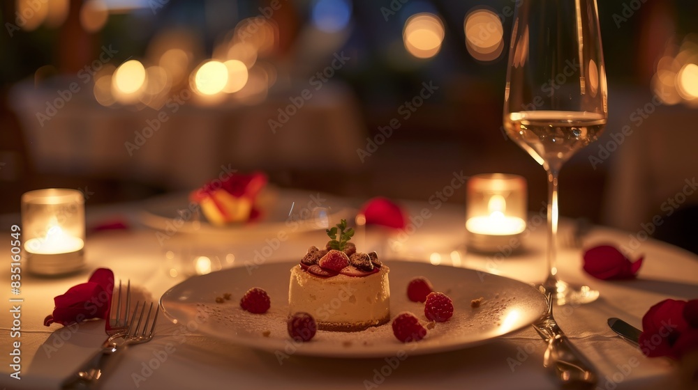 81. Elegant table setting with gourmet dessert, romantic candlelight, and luxurious restaurant ambiance 81. Elegant table setting with gourmet dessert, romantic candlelight, and luxurious restaurant ambiance