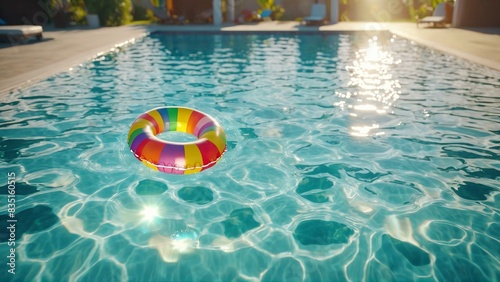 Vibrant Pool Scenes  Colorful Lifebuoy Ring Floating in Sunlit Waters 