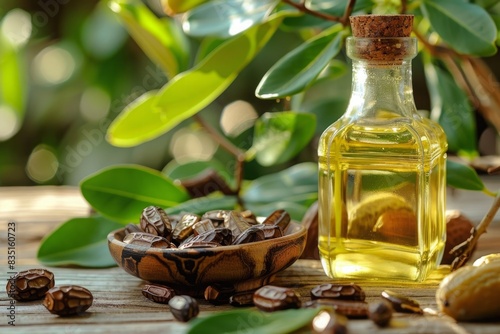 Glass bottle of jojoba oil with wooden bowl of jojoba seeds on a wooden table with green leaves in the background. Natural skincare and wellness concept. Generative AI photo