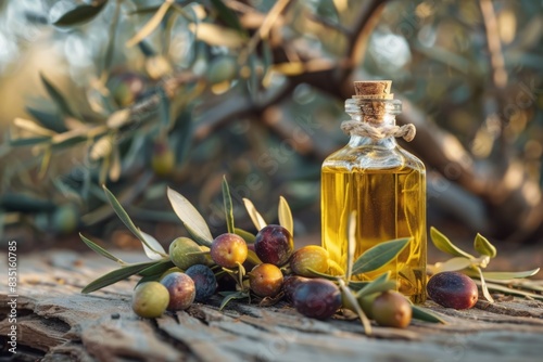 Jojoba seeds on a wooden plate next to a glass bottle of jojoba oil with cork stopper. Rustic setting with blurred background. Natural skincare and beauty product concept. Generative AI