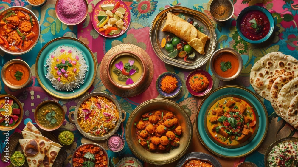 An array of colorful Indian dishes including curry, biryani, samosas, and naan bread, served on brass plates against a vibrant backdrop. An array of colorful Indian dishes including curry, biryani, samosas, and naan bread, served on brass plates against a vibrant backdrop.