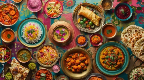 An array of colorful Indian dishes including curry, biryani, samosas, and naan bread, served on brass plates against a vibrant backdrop.