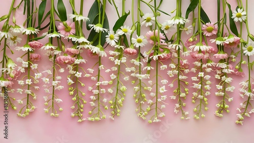 Spring floral layout flat lay of lily of the valley and daisy flowers in rows over pastel powder pink