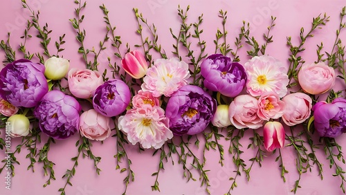 Various summer flowers flat lay purple peonies pink roses tulips and green branches over pastel pink