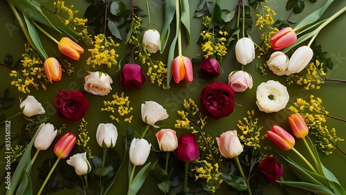 Flowers pattern of tulips roses hypericum flower on green background flat lay top view