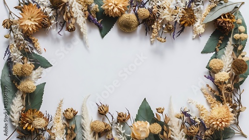 Composition of flowers frame pattern made from different dried flowers and leaves on white background flat lay top view