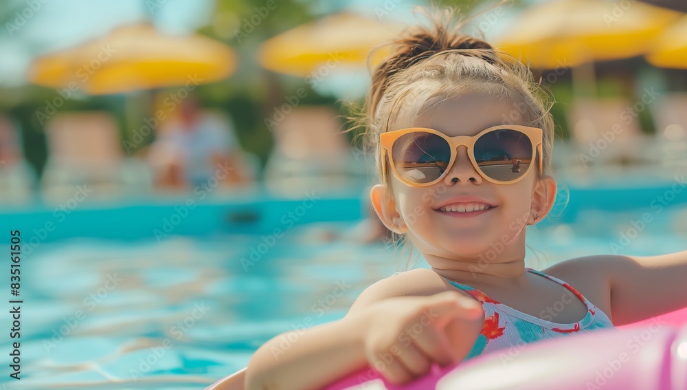 Young girl smiling in a rubber pool ring at a hotel club swimming pool during summer break Young girl smiling in a rubber pool ring at a hotel club swimming pool during summer break