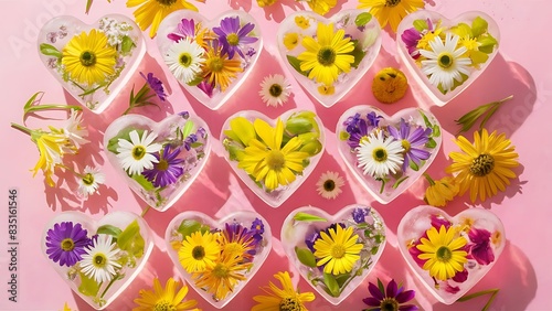Floral ice cubes and fresh summer flowers flat lay colorful wildflowers in frozen ice hearts on pink background hello summer concept creative bright image