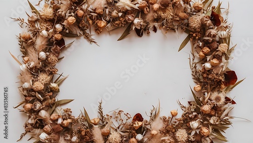 Composition of flowers frame pattern made from different dried flowers and leaves on white background flat lay top view