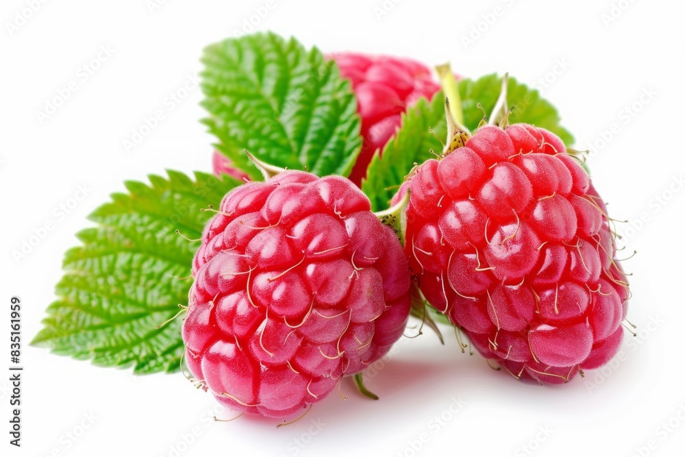 Close-up of ripe raspberries with green leaves on a white background. Macro shot for design and print. Generative AI Close-up of ripe raspberries with green leaves on a white background. Macro shot for design and print. Generative AI