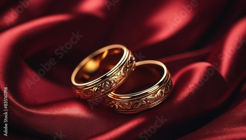 Two golden rings on a dark red draped sating.  photo