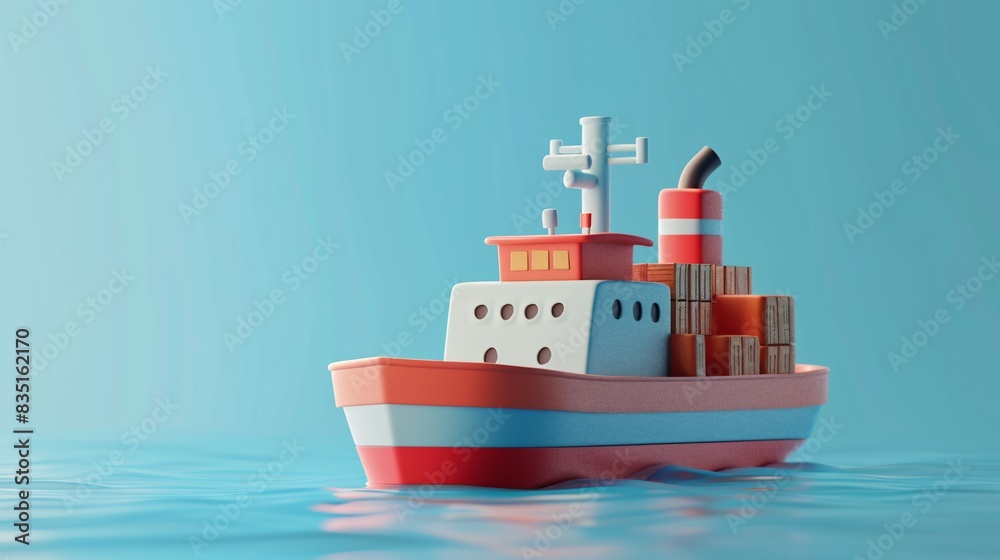 A stylized cargo ship with containers on calm seas. 3D illustration of a shipping vessel against a blue background. 3D Illustration. A stylized cargo ship with containers on calm seas. 3D illustration of a shipping vessel against a blue background. 3D Illustration.
