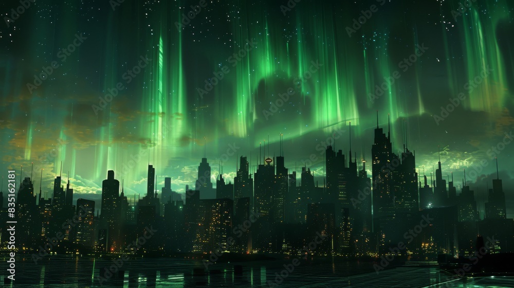 Fototapeta premium Aurora Borealis over a city skyline, with the lights contrasting against the urban landscape and night lights.