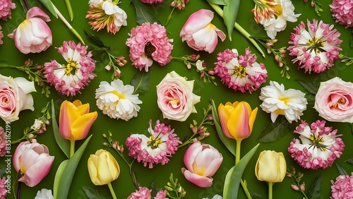 Flowers pattern of tulips roses hypericum flower on green background flat lay top view
