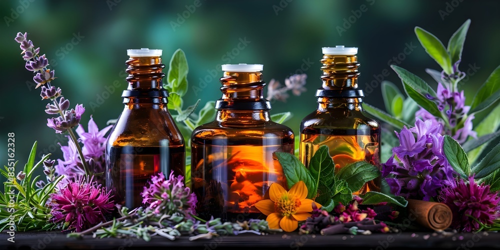 Three bottles of essential oil and herbs displayed against a dark background. Concept Essential Oils, Herbal Display, Dark Background, Bottles, Aromatherapy Three bottles of essential oil and herbs displayed against a dark background. Concept Essential Oils, Herbal Display, Dark Background, Bottles, Aromatherapy
