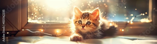 Adorable kitten bathed in warm sunlight near a window, sparkles creating a magical atmosphere, showcasing the innocence and beauty of cats. photo