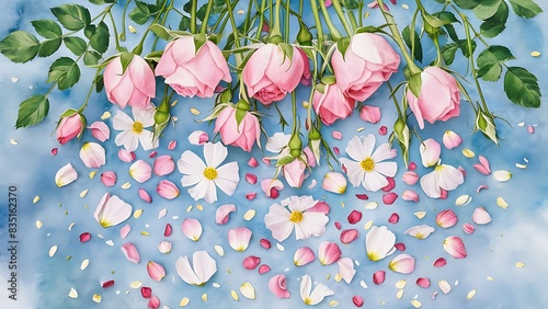 Blooming buds and scattered rose and cosmos flower petals as well as green rose leaves on a blue background