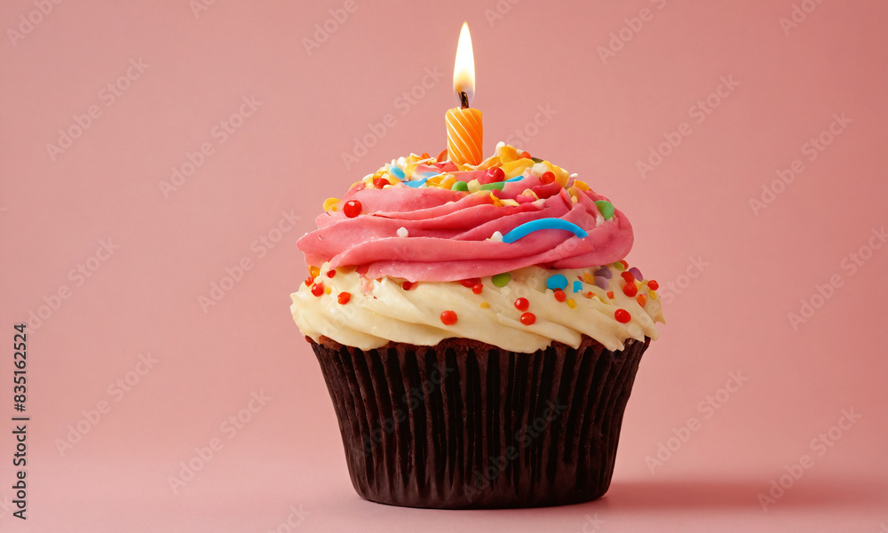 One cupcake with white icing and multicoloured sprinkles on a pink background. A lit candle is placed on top of the icing. One cupcake with white icing and multicoloured sprinkles on a pink background. A lit candle is placed on top of the icing.