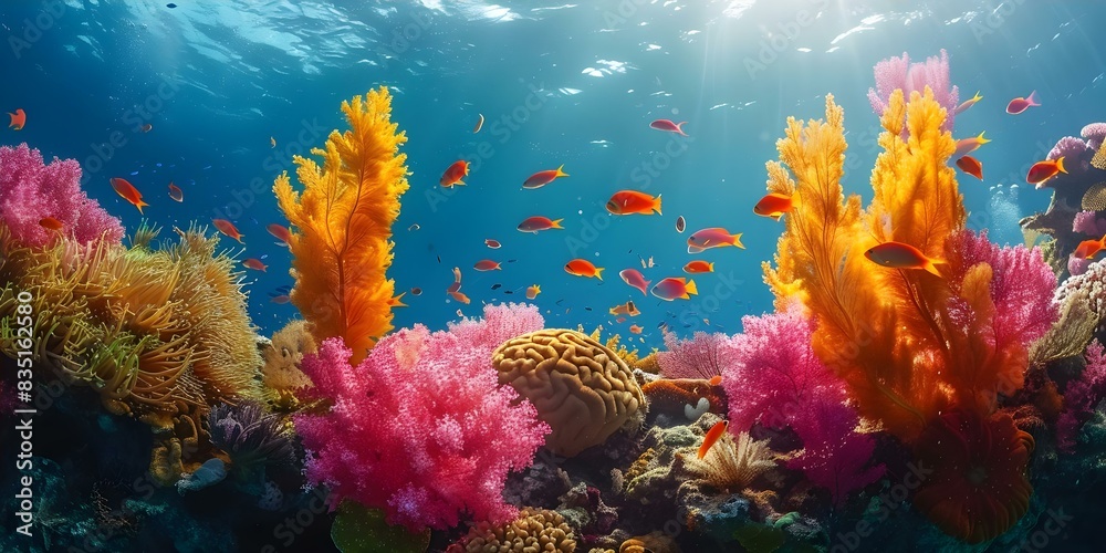Obraz premium Preservation of Marine Life: A Vibrant Coral Reef in a Turquoise Ocean. Concept Marine Conservation, Coral Ecosystem, Ocean Biodiversity, Sustainable Practices, Marine Habitat Protection