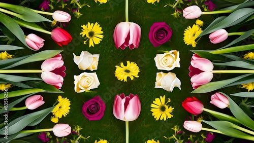 Flowers pattern of tulips roses hypericum flower on green background flat lay top view