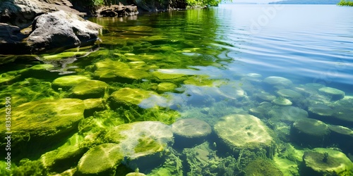 Bluegreen algae Cyanobacteria cause harmful algal blooms in water bodies worldwide. Concept Water pollution, Harmful algal blooms, Cyanobacteria, Environmental impact photo