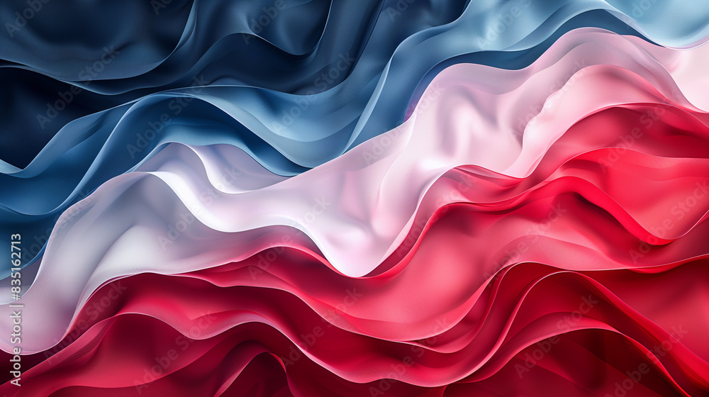 Flowing, tricolor waves in hues of red, white, and blue, symbolizing freedom and progress, creating a dynamic and patriotic visual effect. Flowing, tricolor waves in hues of red, white, and blue, symbolizing freedom and progress, creating a dynamic and patriotic visual effect.