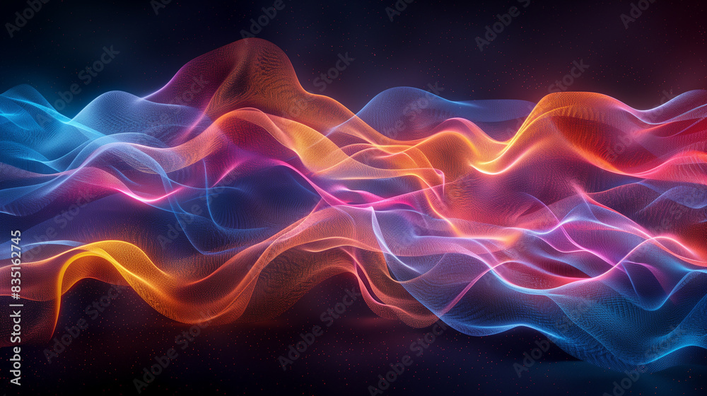 Fototapeta premium Flowing, neon-colored fabric with holographic effects, creating a vibrant and dynamic visual with shimmering details and a sense of movement.