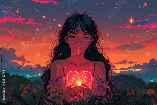 lofi detailed vector illustration of young beautiful woman holding glowing heart, in the nature, at night photo