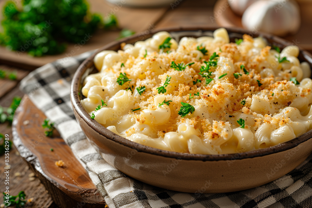 Close-up of creamy macaroni and cheese with parsley in a ceramic bowl on a wooden table. Close-up of creamy macaroni and cheese with parsley in a ceramic bowl on a wooden table.