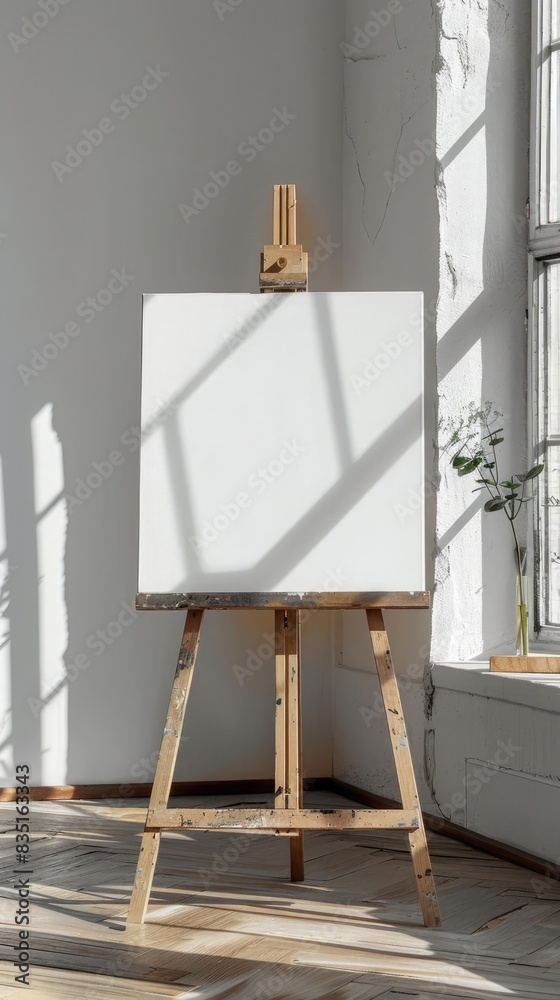 Blank white canvas on a wooden easel, with natural light from a window casting soft shadows, set in a minimalist studio with white walls and hardwood floors Blank white canvas on a wooden easel, with natural light from a window casting soft shadows, set in a minimalist studio with white walls and hardwood floors