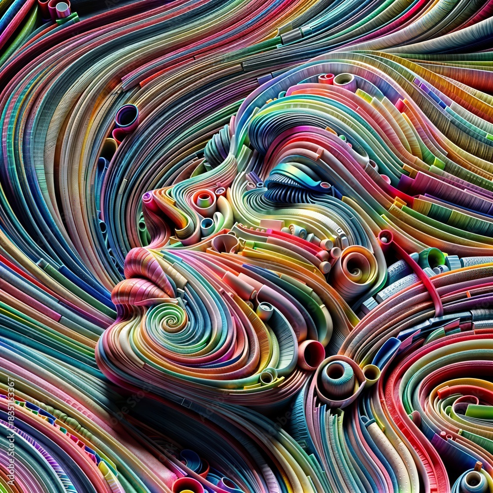 Colorful representation of a human face composed of swirling ribbons ...