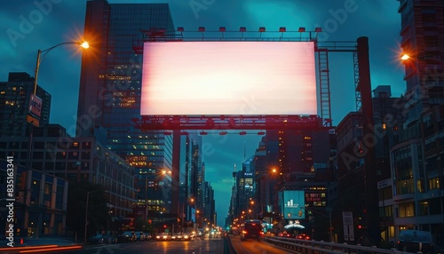 Blank billboard in an urban environment, positioned above a busy street with skyscrapers in the background, captured at dusk with city lights starting to glow photo