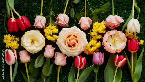 Flowers pattern of tulips roses hypericum flower on green background flat lay top view