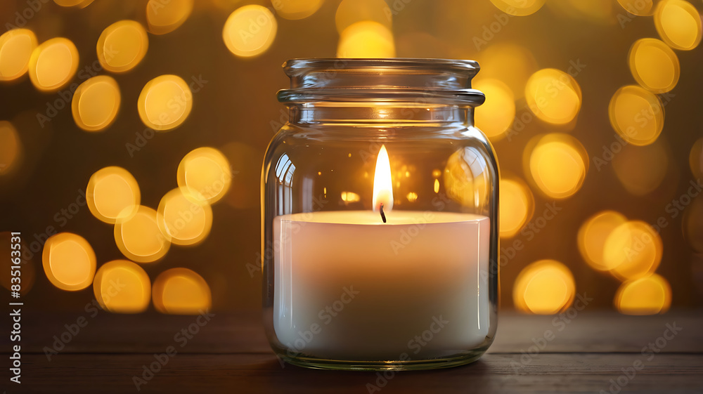 White candle burning in a glass jar White candle burning in a glass jar