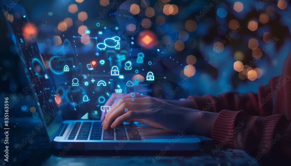 Person typing on laptop with digital elements floating around, Concept of cybersecurity by AI generated image