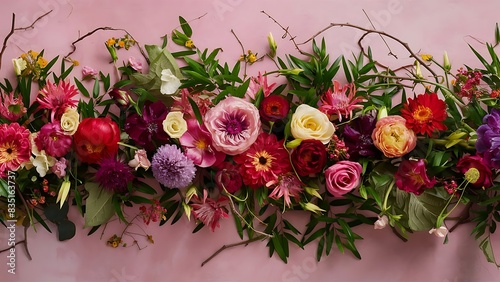Floral arrangement with different fresh flowers leaves and twigs on a pink background