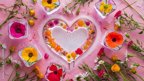 Floral ice cubes and fresh summer flowers flat lay colorful wildflowers in frozen ice hearts on pink background hello summer concept creative bright image